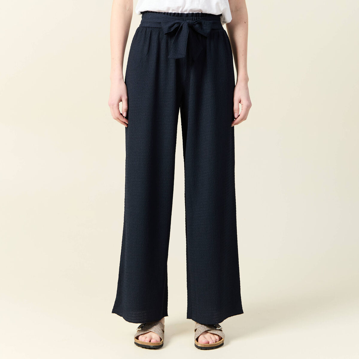 Pantalon large fluide noeud bleu marine femme