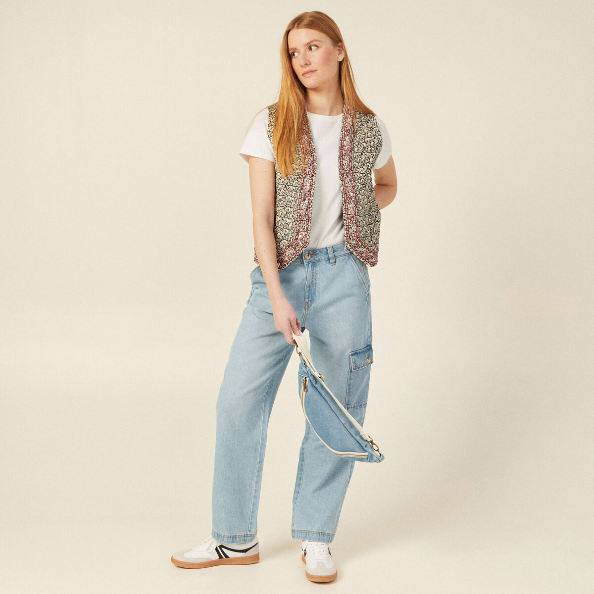 Jeans cargo 5 poches denim bleach femme