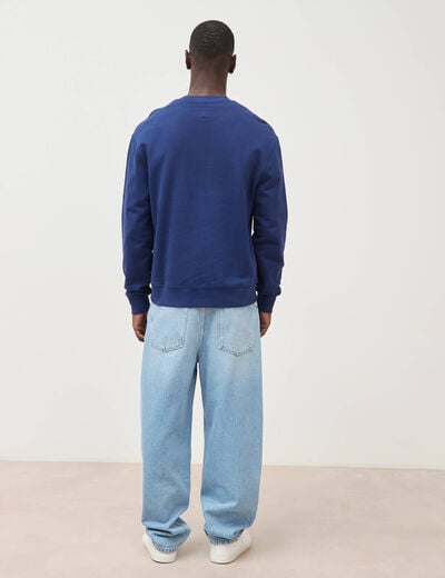 Sweat droit col rond brod&eacute; en coton bleu fonc&eacute; homme