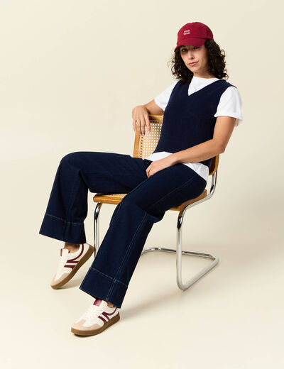 Pull sans manches col en V bleu marine femme