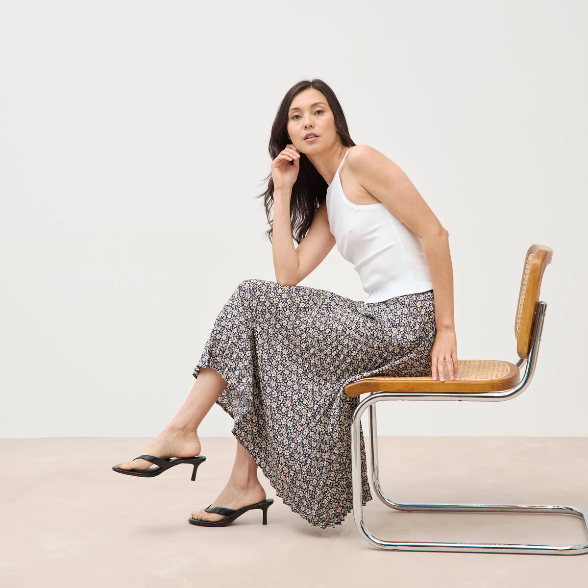 Jupe longue droite pliss&eacute;e bleu marine femme