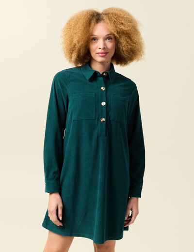 Robe droite velours col polo vert fonc&eacute; femme