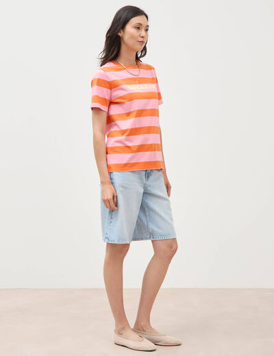 T-shirt ray&eacute; col rond manches courtes orange femme