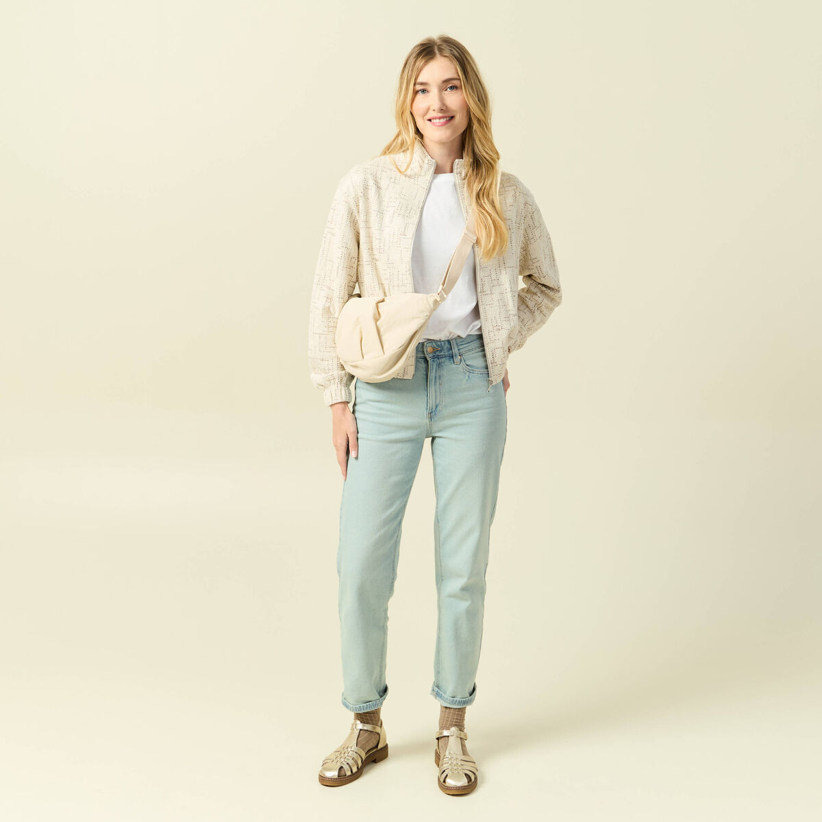 Veste manches longues col montant ecru femme