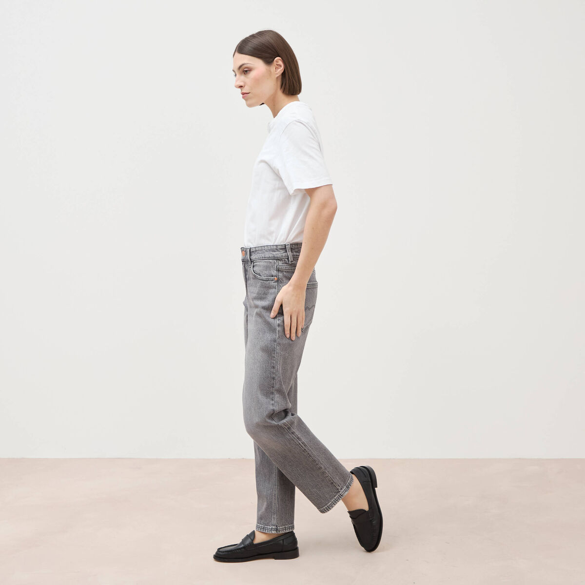 Jeans straight 7/8&egrave;me taille haute denim gris femme