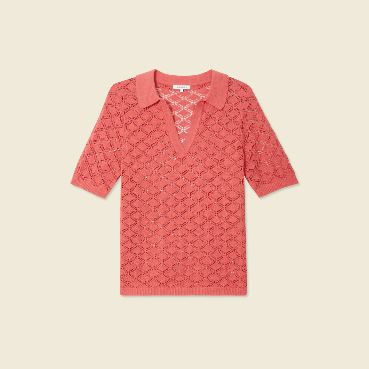 Pull manches courtes ajour&eacute; rouge femme