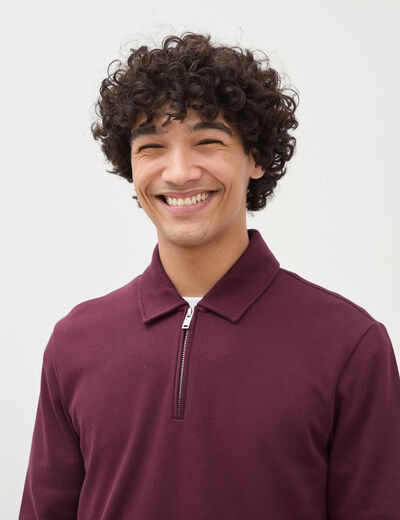 Polo droit manches longues prune homme