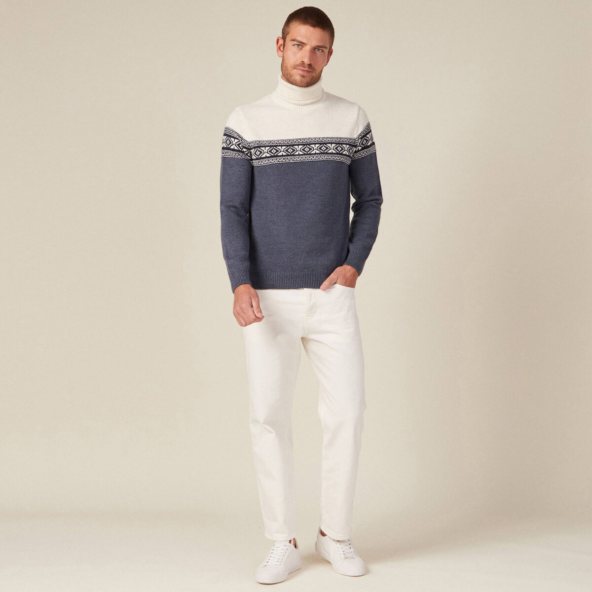 Pull manches longues col roulé ecru homme
