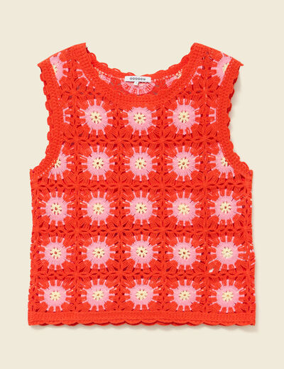 D&eacute;bardeur crochet col rond sans manches orange fonc&eacute; femme