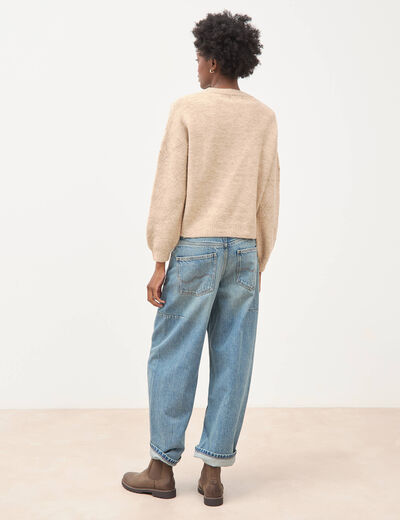 Pull droit col rond manches longues creme femme