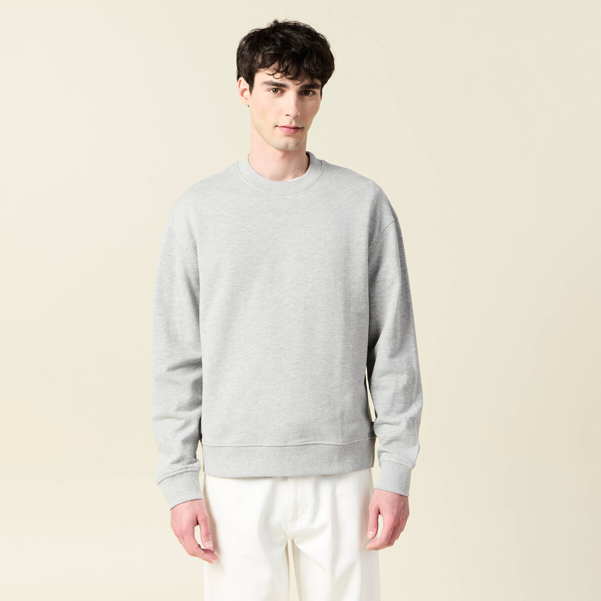 Sweat col rond manches longues en coton gris homme