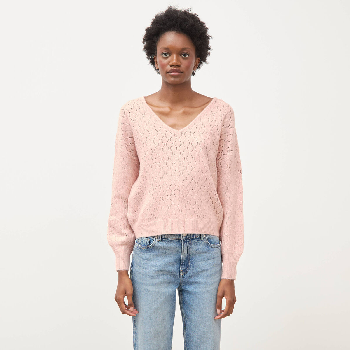 Pull oversize col v manches longues rose pastel femme