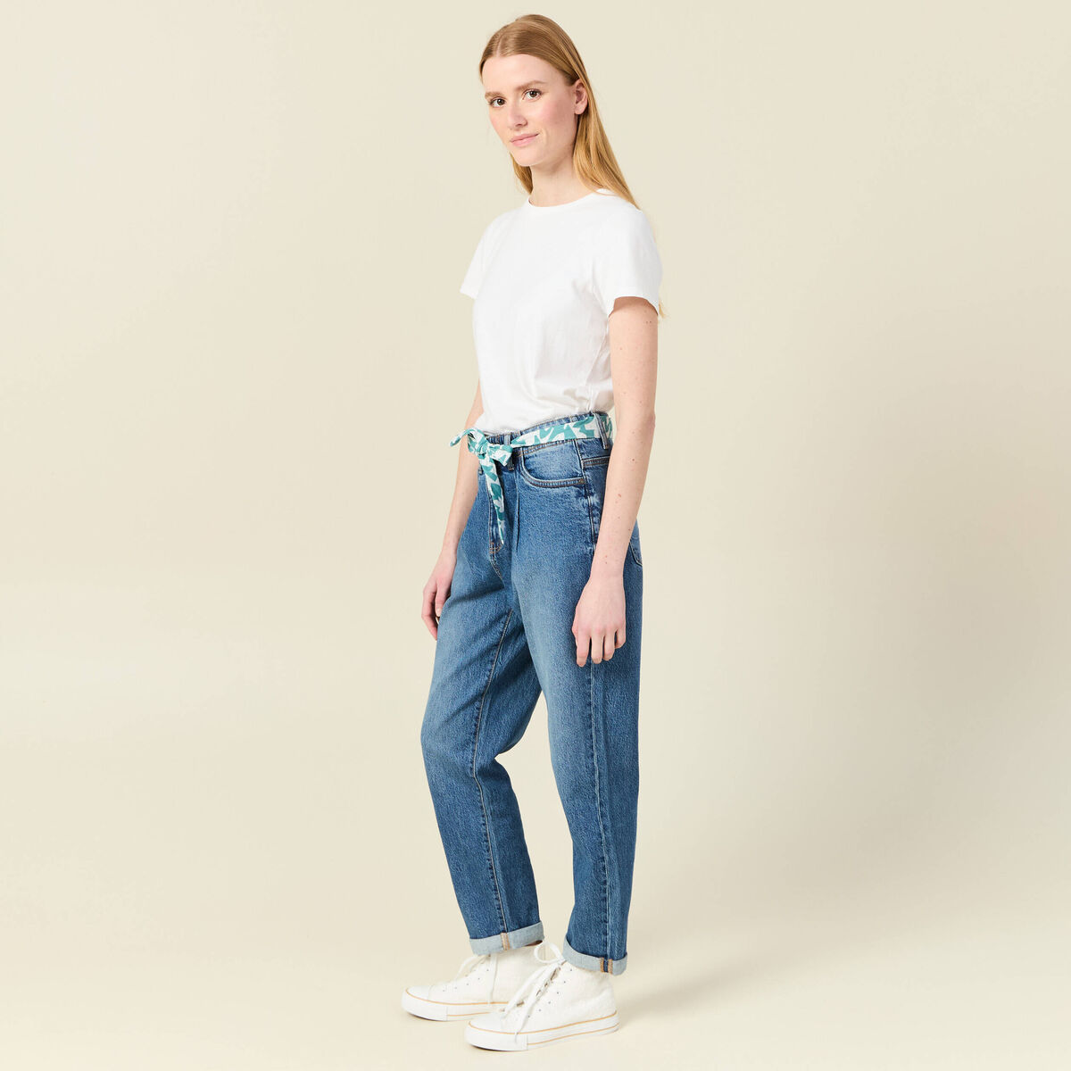 Jeans mom ceinture foulard denim stone femme