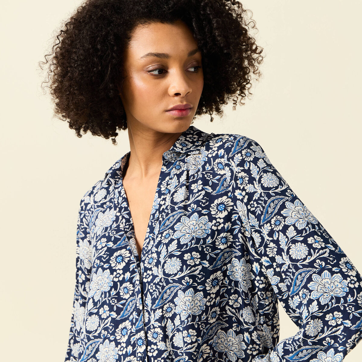 Chemise manches longues fluide bleu marine femme
