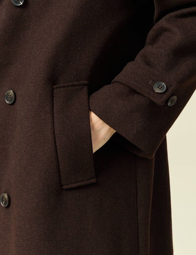 Manteau droit long col montant marron fonc&eacute; femme