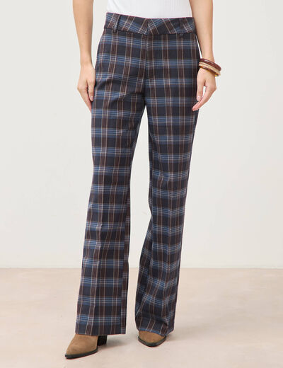 Pantalon flare &agrave; carreaux taille haute bleu gris femme