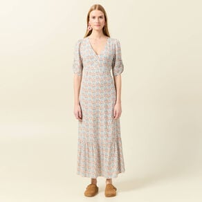 robe longue evasee col en v blanc femme Robe longue évasée col en V blanc femme