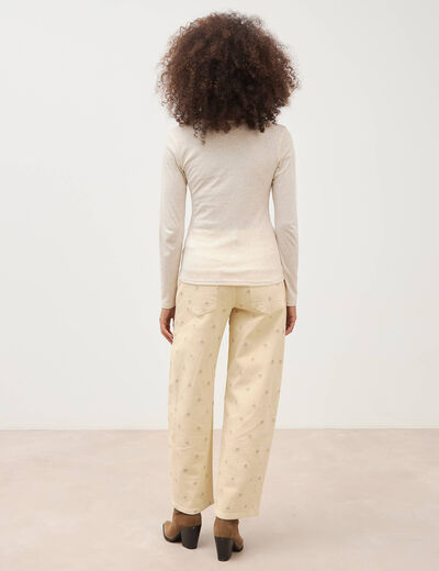 T-shirt cintr&eacute; col v manches longues beige femme