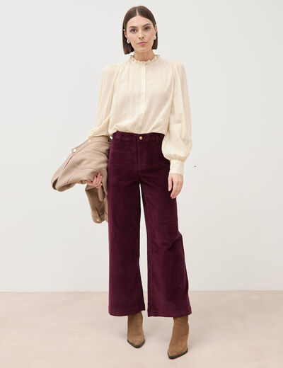 Pantalon large taille haute en velours prune femme