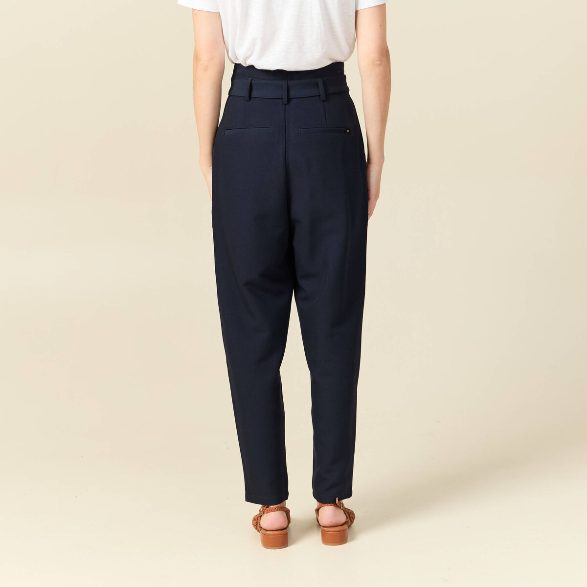 Pantalon carotte taille haute bleu marine femme