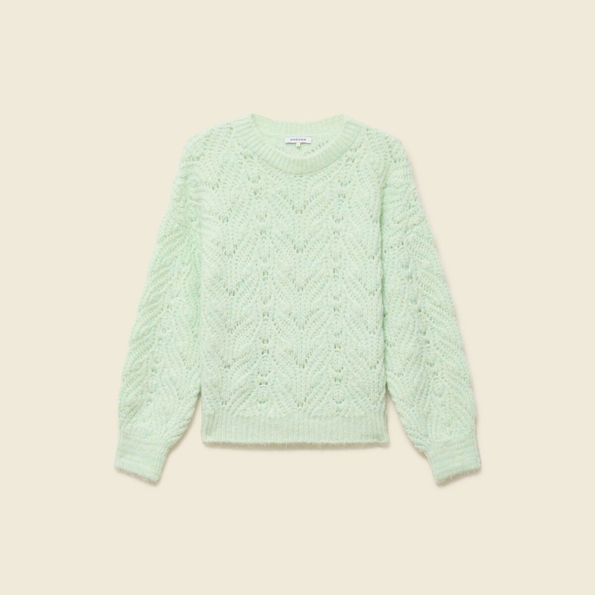 Pull ajour&eacute; droit court manches longues vert pastel femme