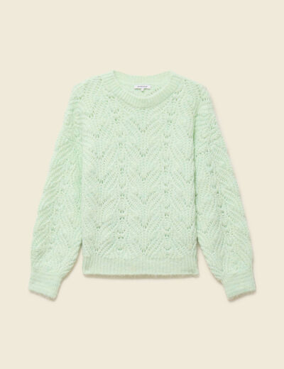 Pull ajour&eacute; droit court manches longues vert pastel femme