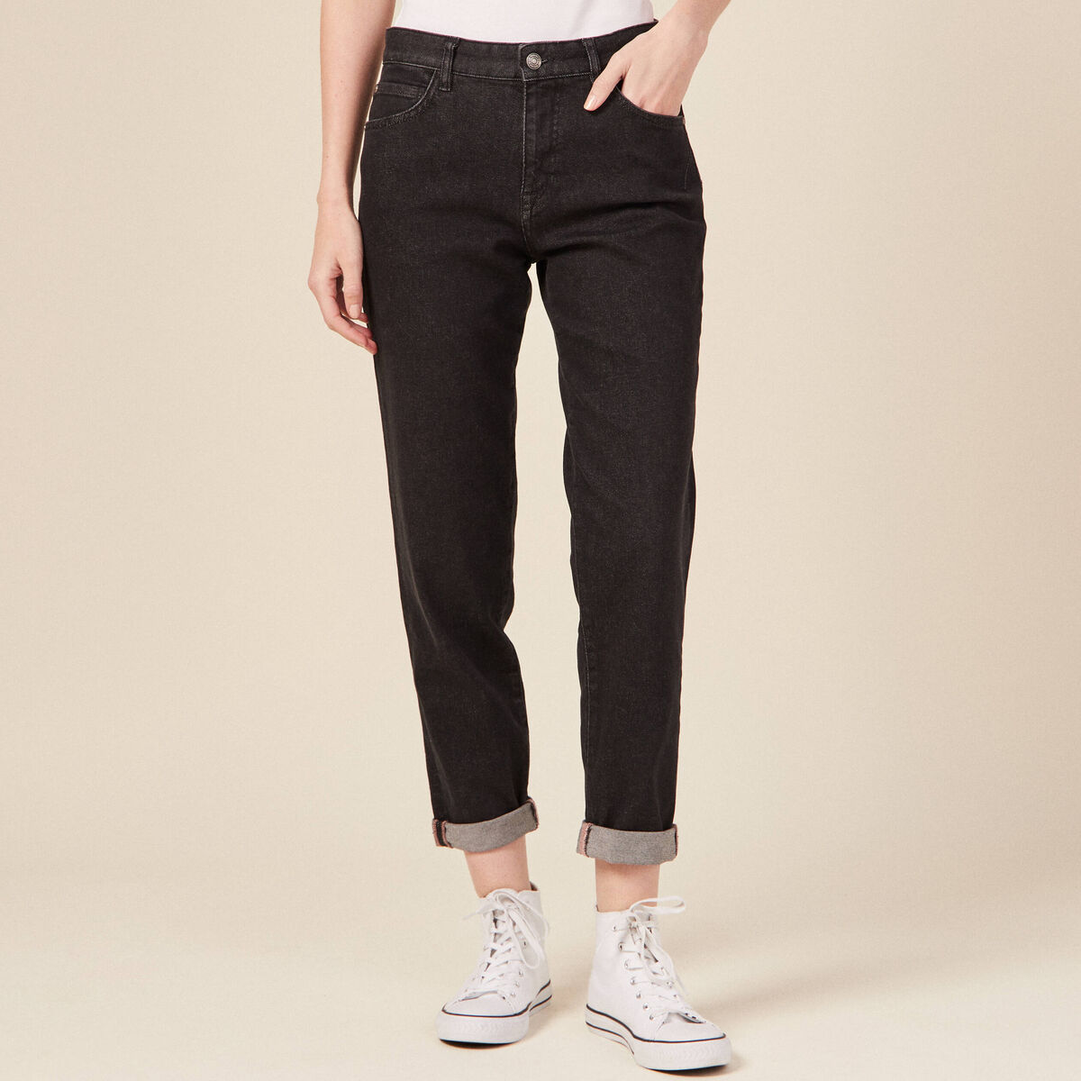 Jeans girlfriend 5 poches denim gris femme
