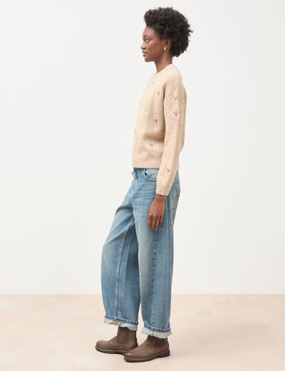 Pull droit col rond manches longues creme femme