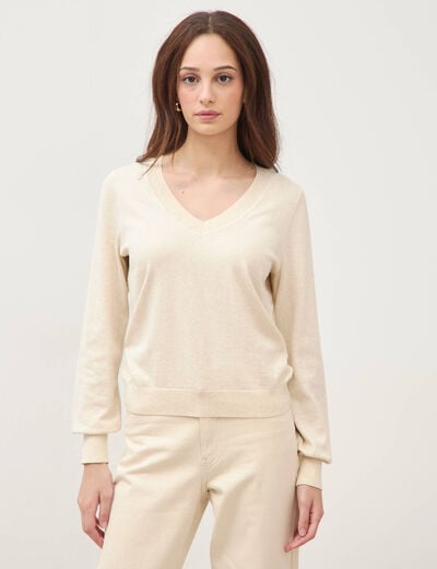 Pull droit col v manches longues creme femme