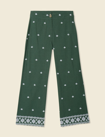 Pantalon large brodé vert kaki femme