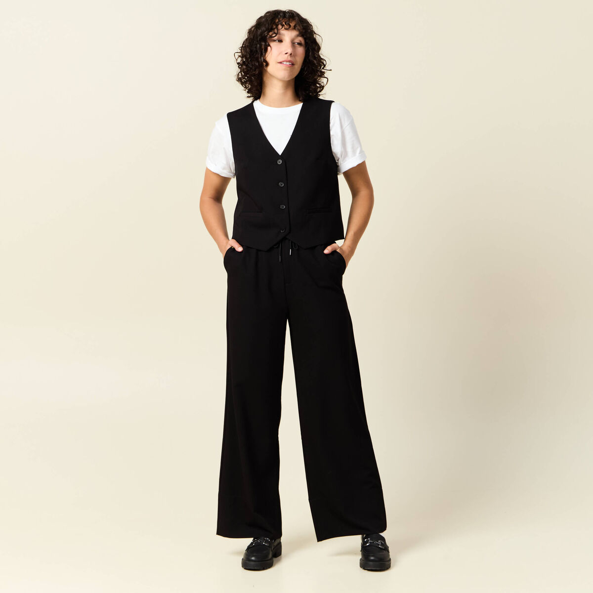 Pantalon large élastiqué noir femme