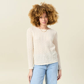 T-shirt manches longues ajouré ecru femme