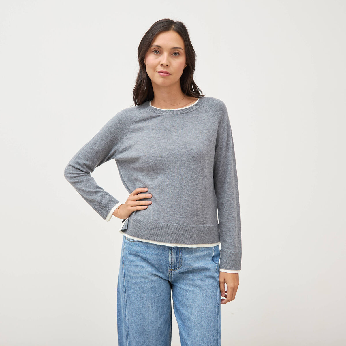 Pull droit col rond manches longues gris clair femme
