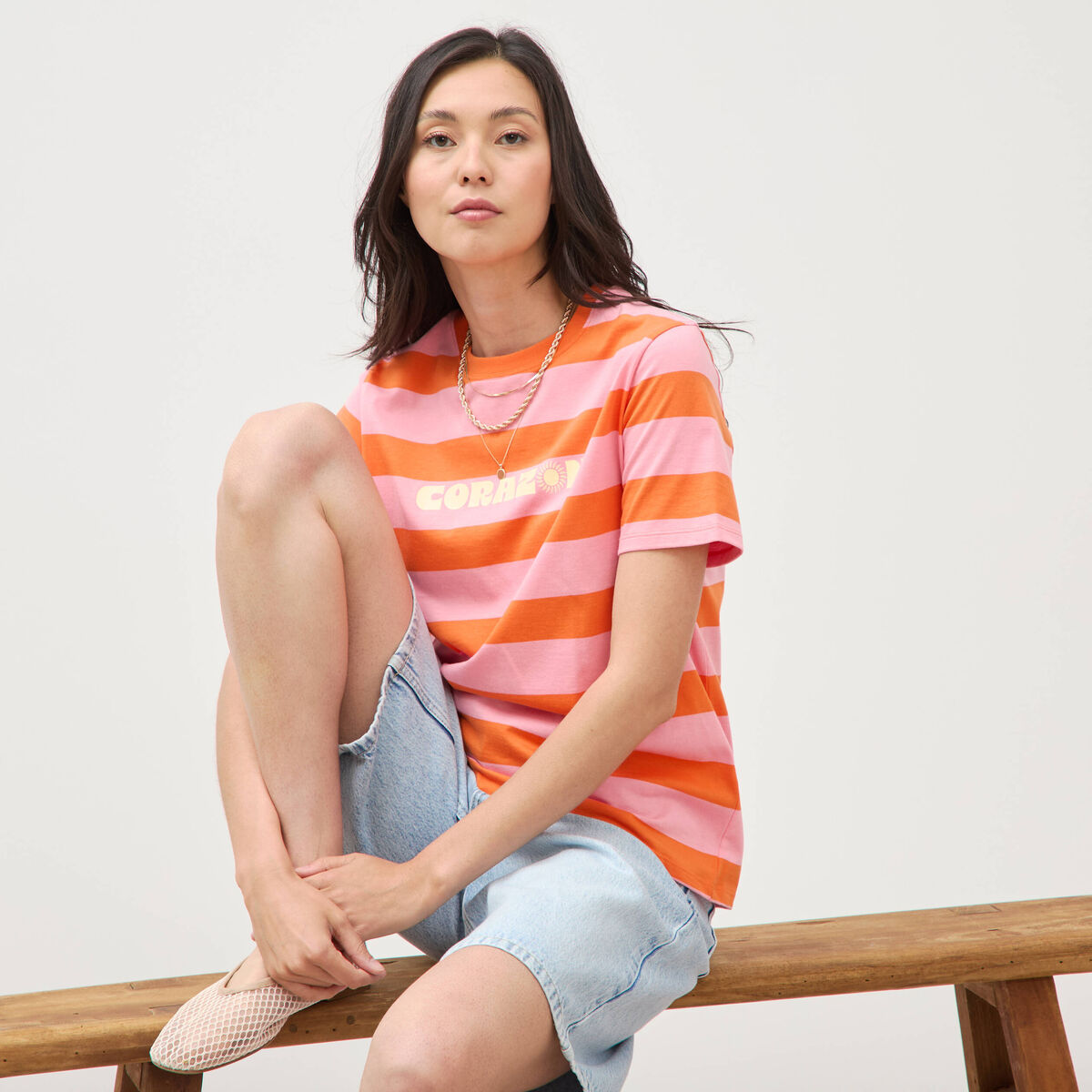 T-shirt ray&eacute; col rond manches courtes orange femme