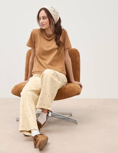 T-shirt droit col rond manches courtes marron femme