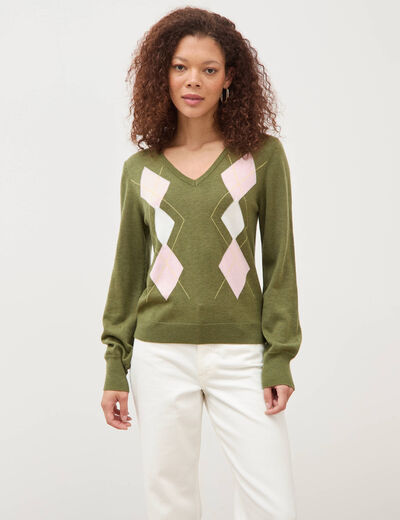Pull col v manches longues vert femme