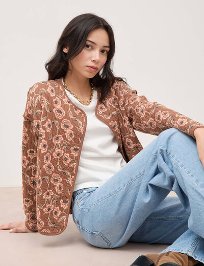 Veste droite manches longues col rond camel femme