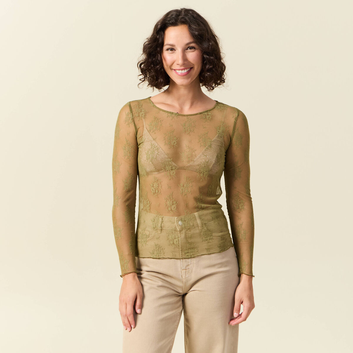 T-shirt ajust&eacute; manches longues col rond vert kaki femme