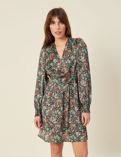 Robe taille marqu&eacute;e &agrave; volants noir femme