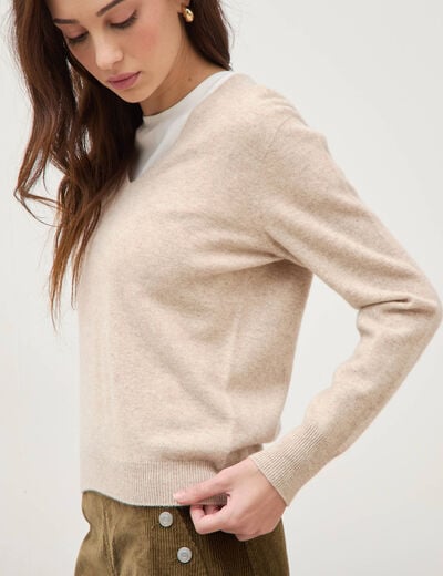 Pull droit col v manches longues creme femme