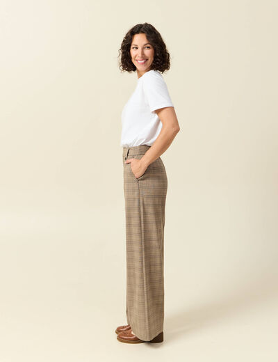 Pantalon large taille haute fluide beige fonce femme
