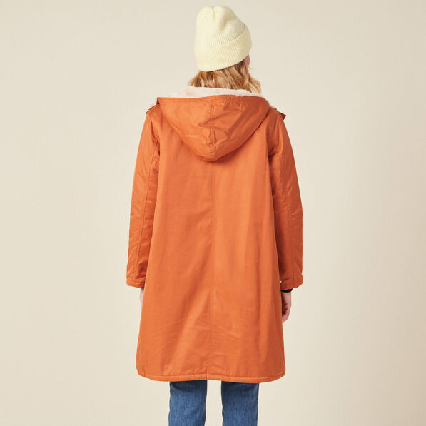 Parka droite à capuche doublée orange foncé femme