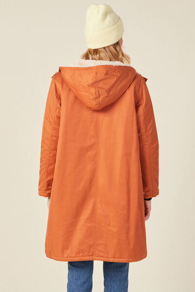 Parka droite à capuche doublée orange foncé femme