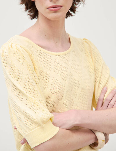 Pull ajour&eacute; droit court manches courtes jaune clair femme