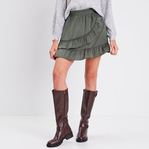Jupe droite volantée vert kaki femme