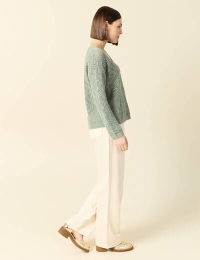 Pull manches longues ajouré vert kaki femme