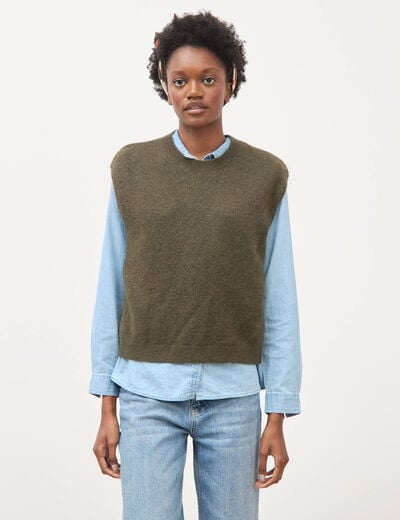 Pull droit court sans manches col rond vert olive femme