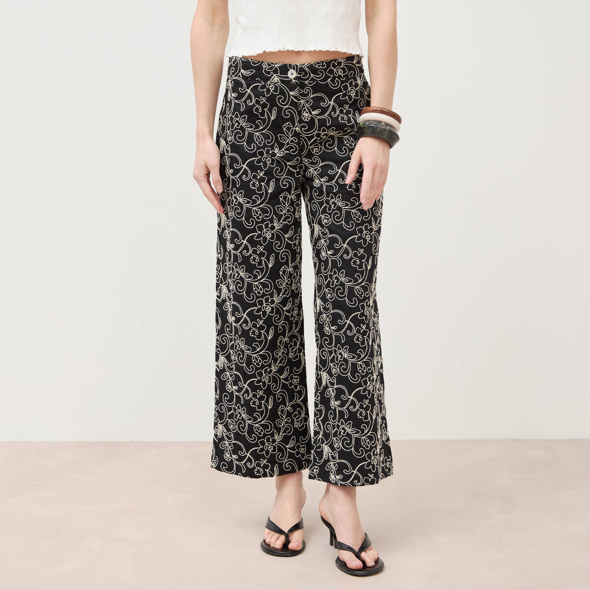 Pantalon loose en coton doubl&eacute; noir femme