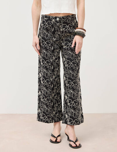 Pantalon loose en coton doubl&eacute; noir femme