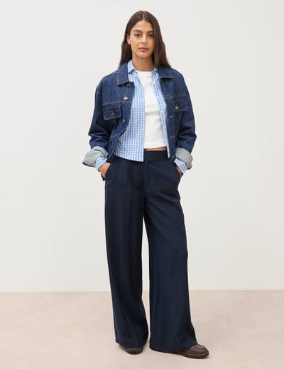 Pantalon large taille haute ceinture bleu fonc&eacute; femme